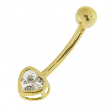 4mm Heart Clear Jeweled 14K Gold Belly Ring