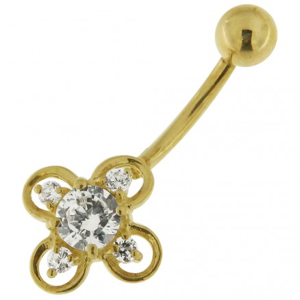 Jeweled Flower Shaped 14K Gold Belly Ring
