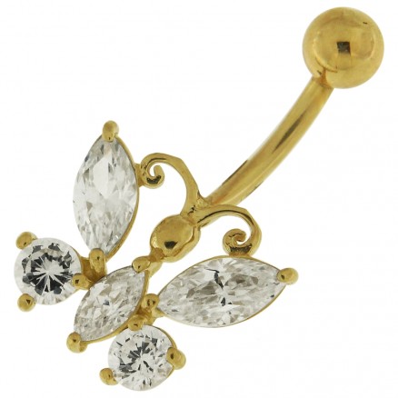 Butterfly Dangling Jeweled 14K Gold Navel Ring