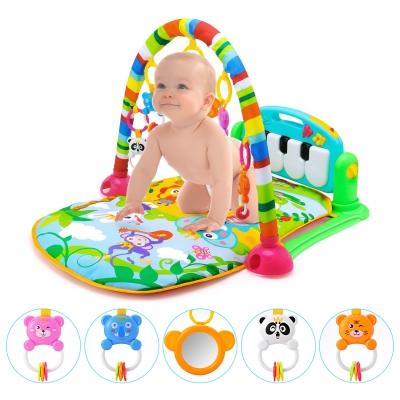 HE0603 Baby Piano Fitness Mat Newborn Educational Toy with Light / Music / 4 Animal Cartoon Rattles / 1 Small Mirror
