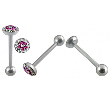 Tongue Barbell With Pink And White Epoxy Covered Crystals