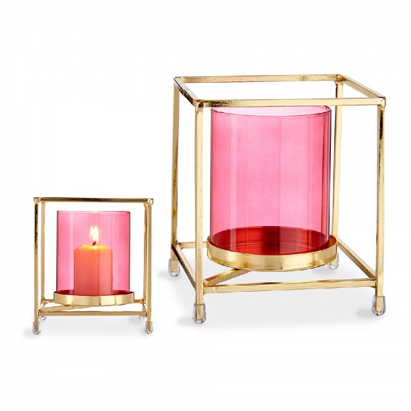 Candleholder Squared Pink Golden Metal Glass (11,5 x 12,6 x 11,5 cm)