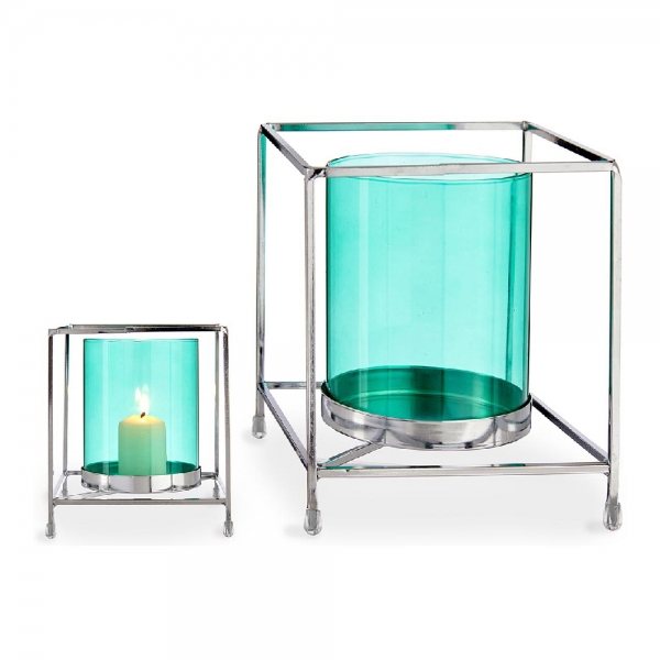 Candleholder Squared Silver Blue Metal Glass (14 x 15,5 x 14 cm)