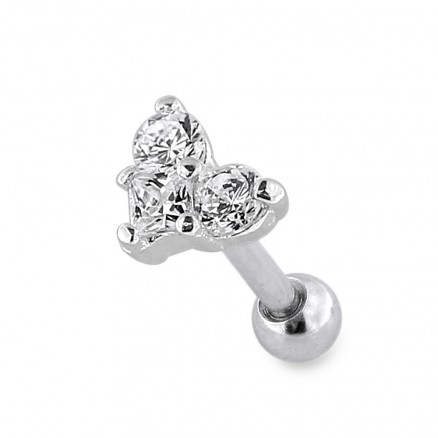 Trinity Heart Jeweled Sterling Silver Cartilage Helix Tragus Piercing Ear Stud