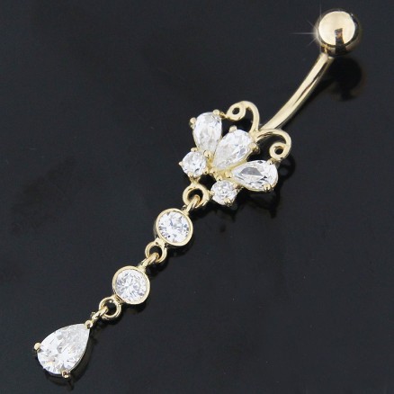 14K Gold Belly Ring Butterfly Dangling Jeweled